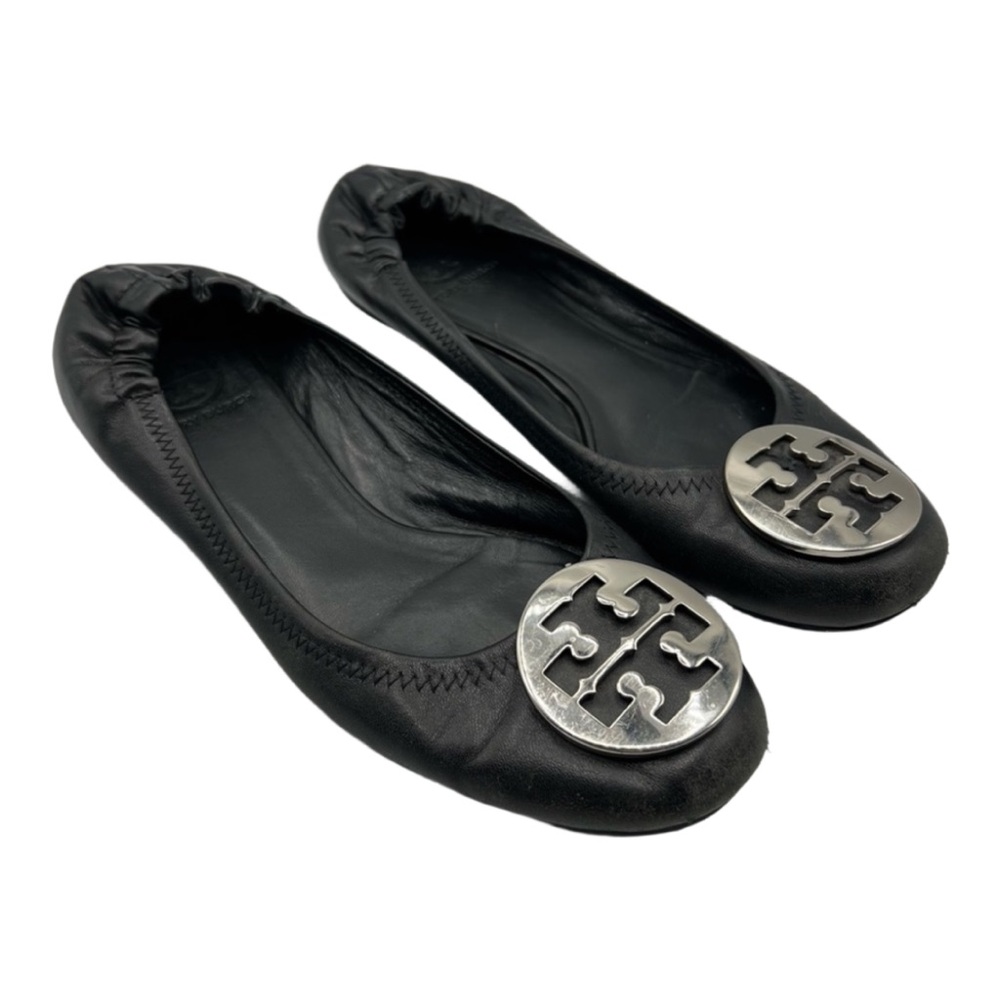 Tory Burch Sz 8 1/2 Reva Black Silver Logo Ballet Leather Flats